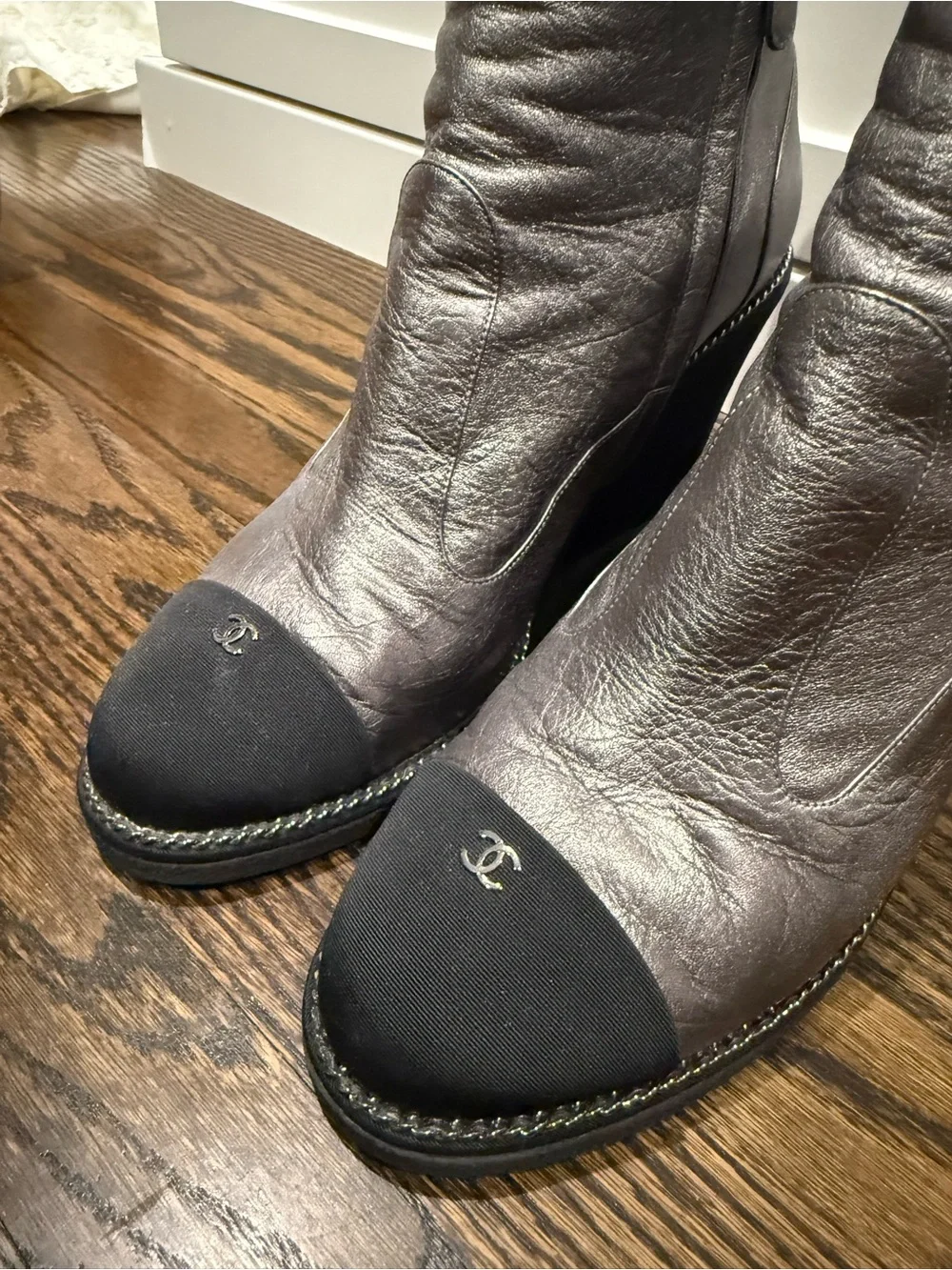 CHANEL Metallic Gray Wedge Ankle Boots with Black Cap Toe